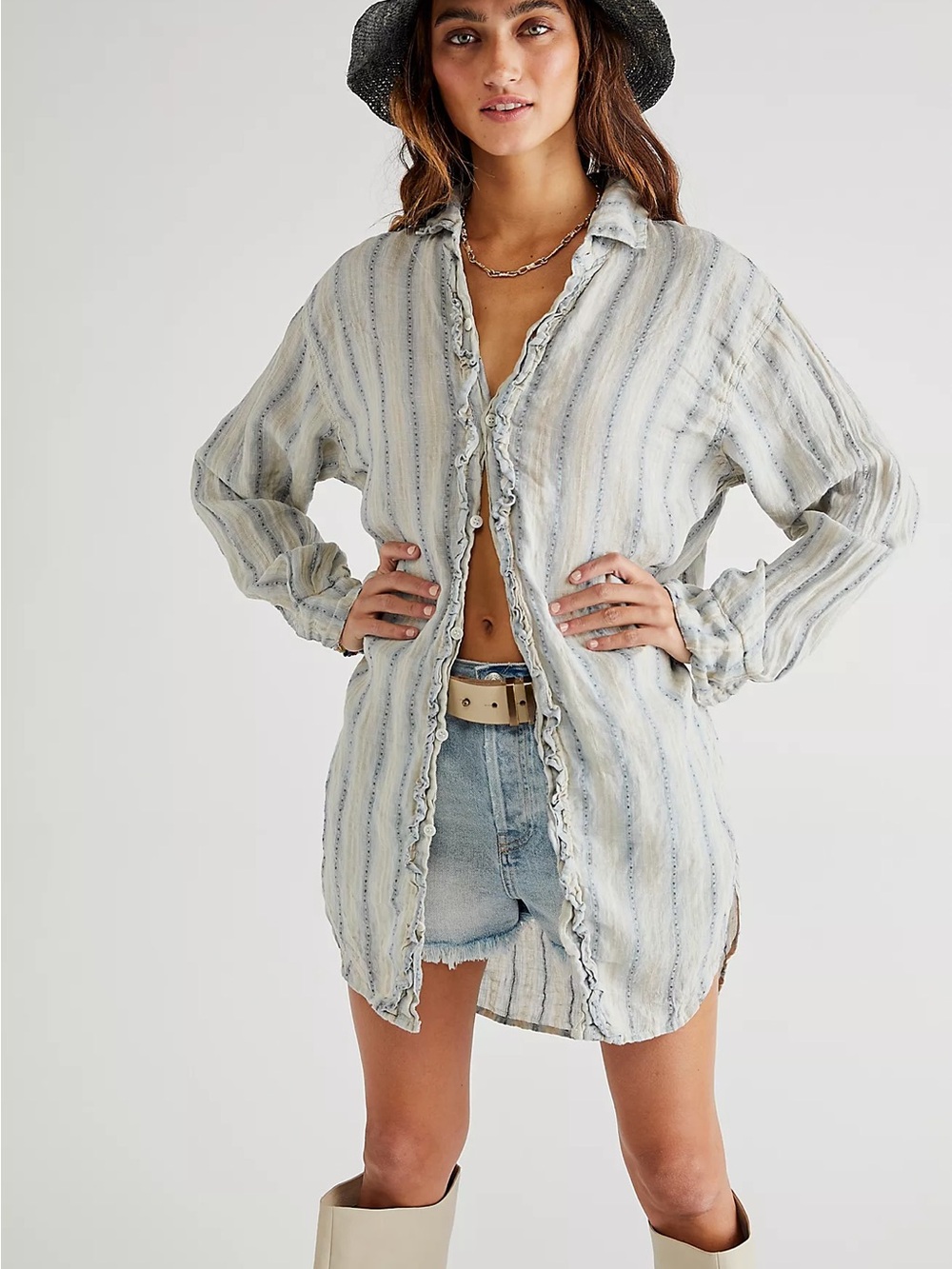 Free People x CP Shade Linen Stripe Ruffle Button Down Long Sleeve Shirt